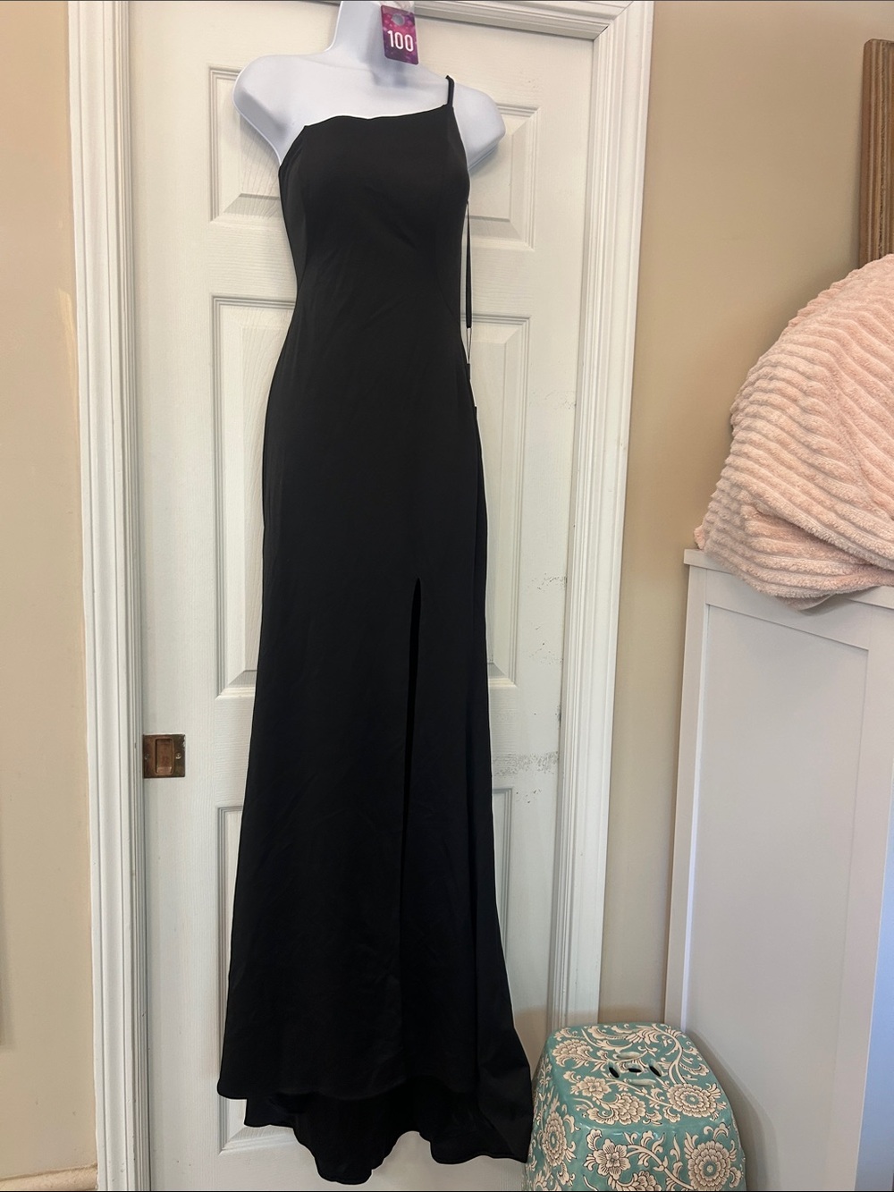 La Femme Black One-Shoulder Evening Gown with Front Slit